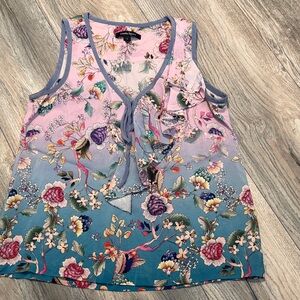 100%Silk Nanette Lepore Floral V-Neck Blouse - Pink and Blue